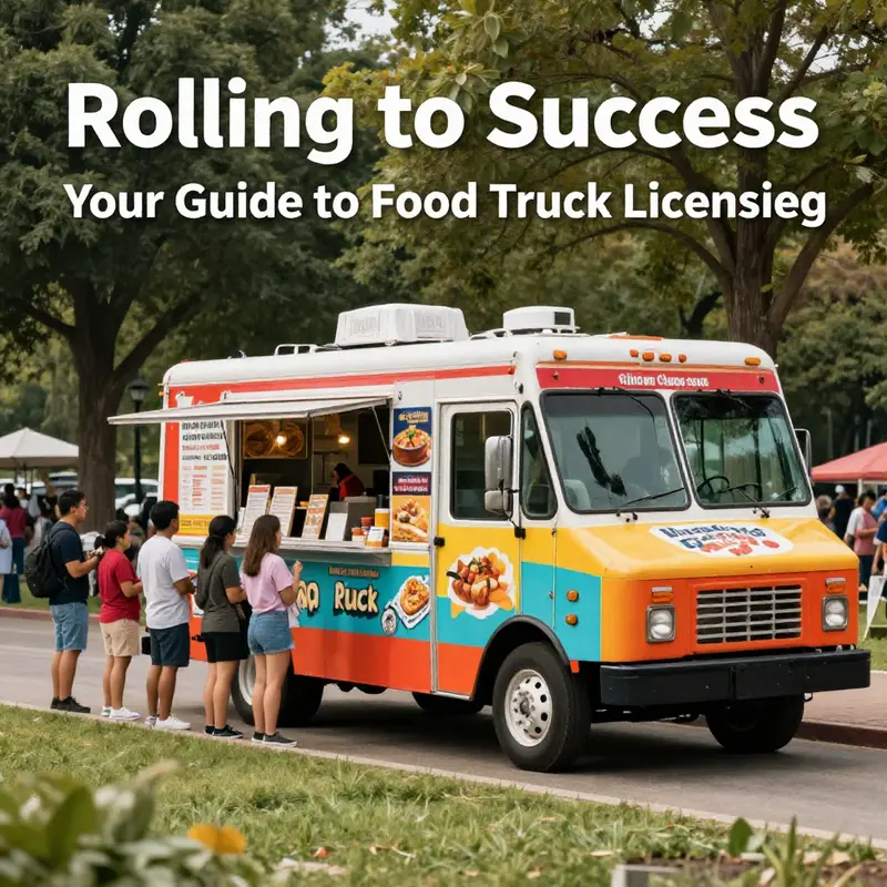 Food truck operators showcasing their business license while serving happy customers.