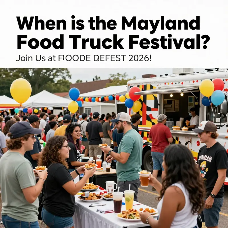 A vibrant crowd enjoying the Maryland Food Truck Festival with various food trucks and decorations around.