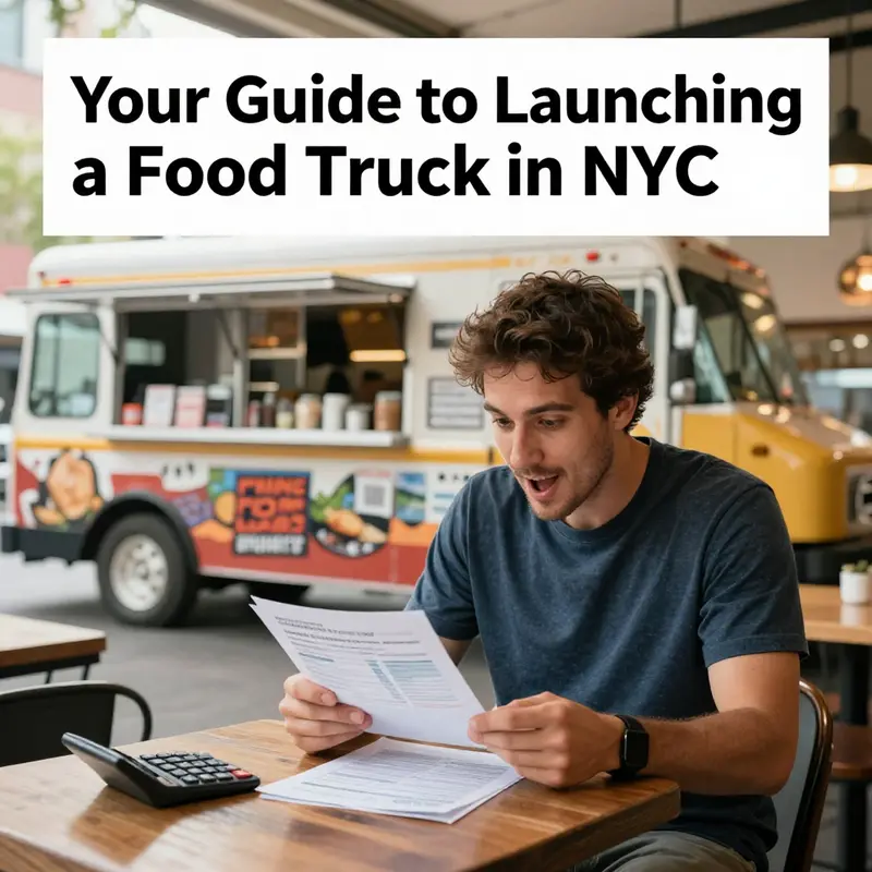 An aspiring food truck operator ready to serve delicious food amidst NYC’s vibrant skyline.