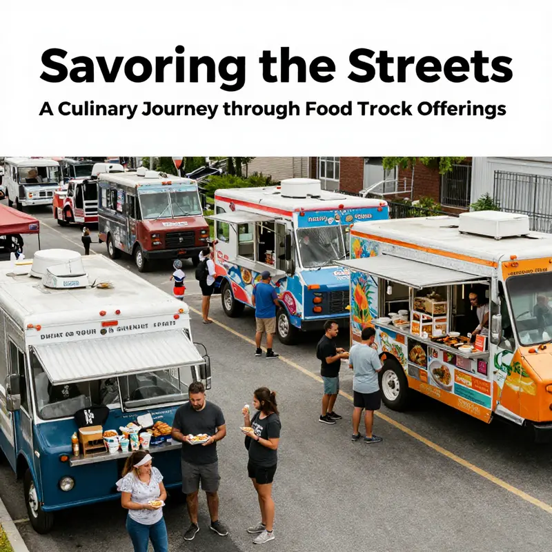 A bustling street scene with multiple food trucks serving diverse cuisines and happy patrons.