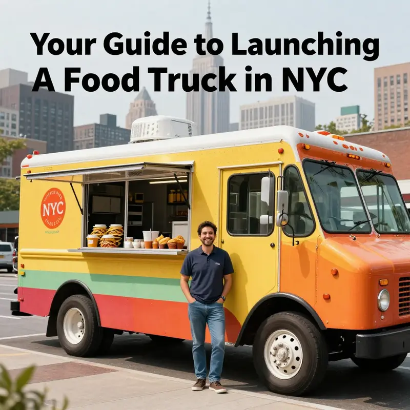 An aspiring food truck operator ready to serve delicious food amidst NYC’s vibrant skyline.