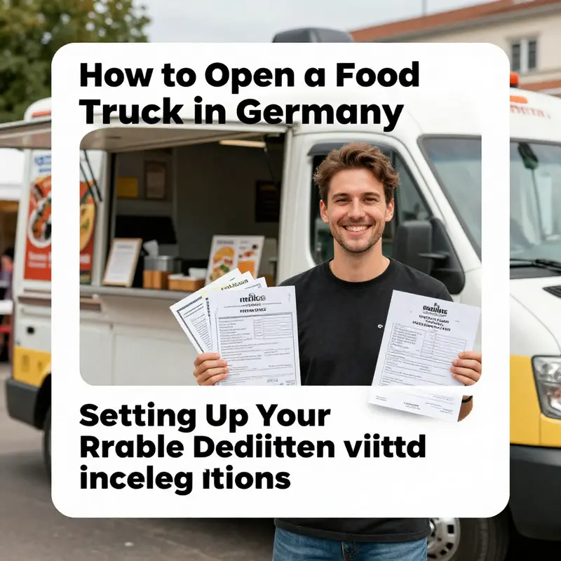 Aspiring food truck operators navigate their registration steps amidst a lively market scene.