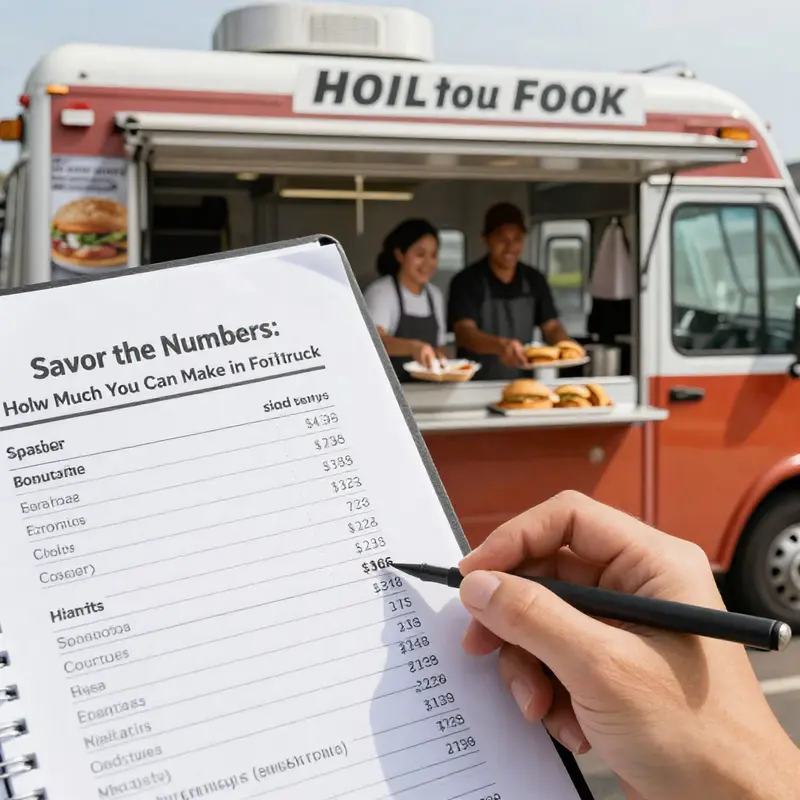 A lively scene depicting a food truck bustling with customers, reflecting the revenue potential of food truck operations.