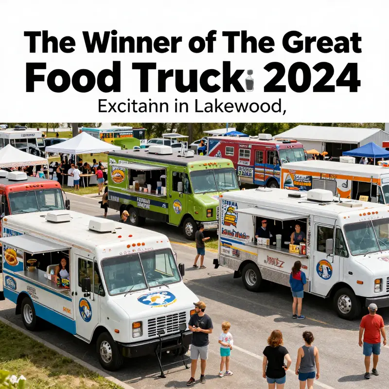 A festive scene from the Great Food Truck Race with families enjoying food trucks and lively activities.