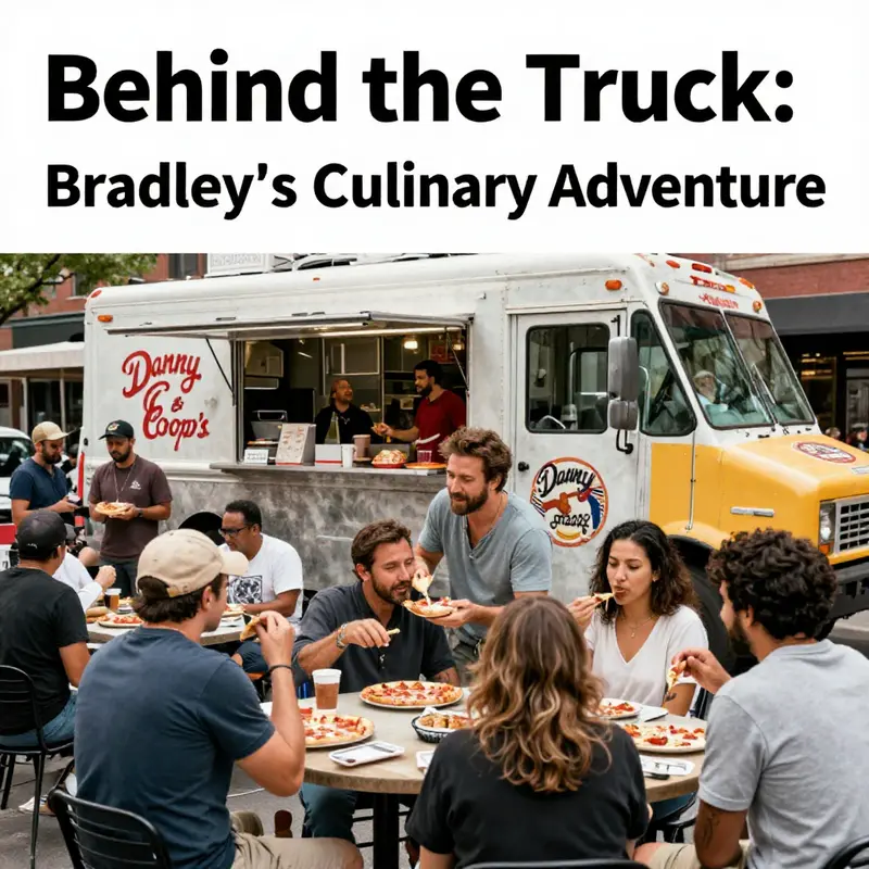 A vibrant scene of a food truck festival showcasing Danny & Coop's truck along with numerous enthusiastic diners enjoying pizza.