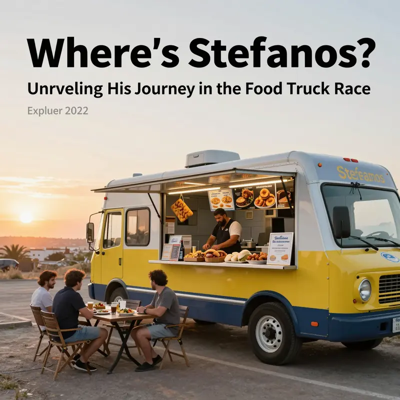 A vibrant food truck scene featuring Greek cuisine under a sunset, highlighting community and culinary delight.
