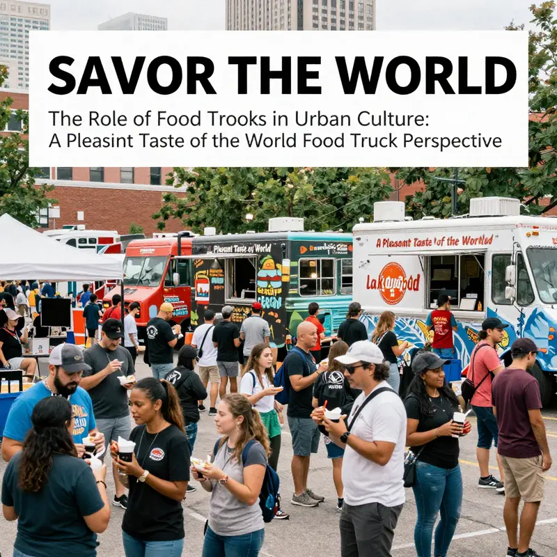 A Pleasant Taste of the World food truck showcasing global dishes and a lively atmosphere.