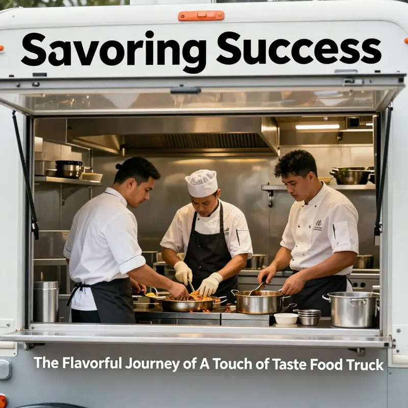 A bustling scene outside A Touch of Taste Food Truck with the owner serving happy customers.