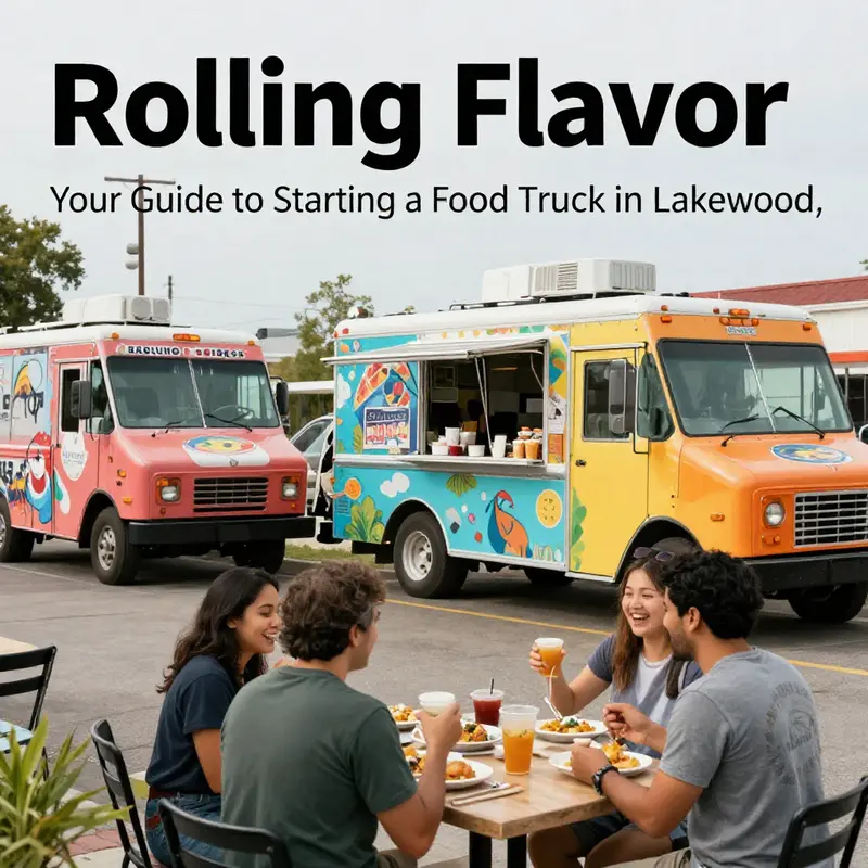A lively atmosphere in Lakewood with food trucks serving diverse dishes to enthusiastic diners.