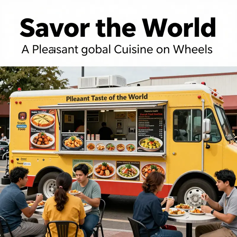 A Pleasant Taste of the World food truck showcasing global dishes and a lively atmosphere.