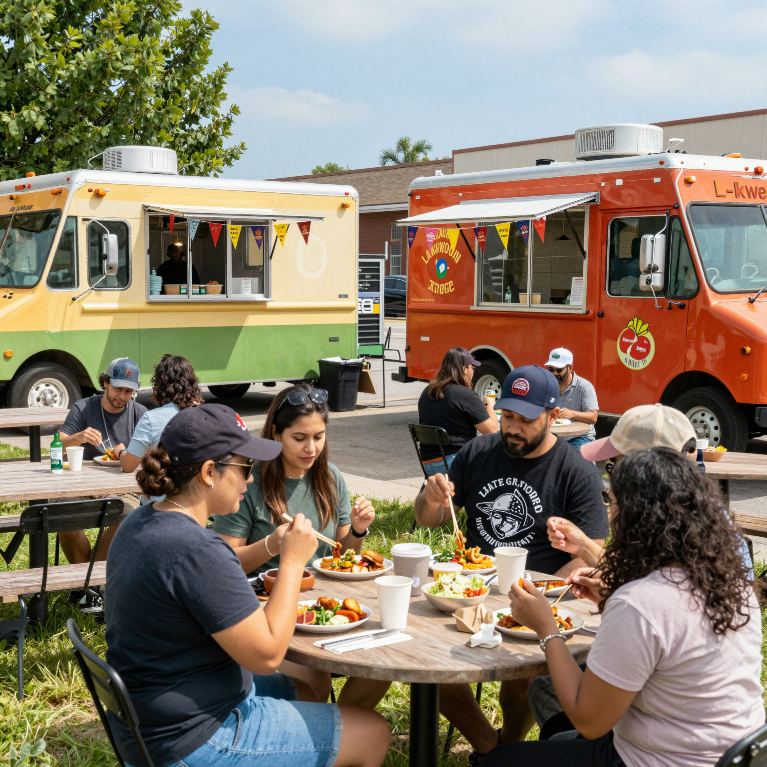 A vibrant and bustling food truck scene in Lakewood, featuring colorful food trucks, a diverse group of customers enjoying various dishes, and a welcoming atmosphere.