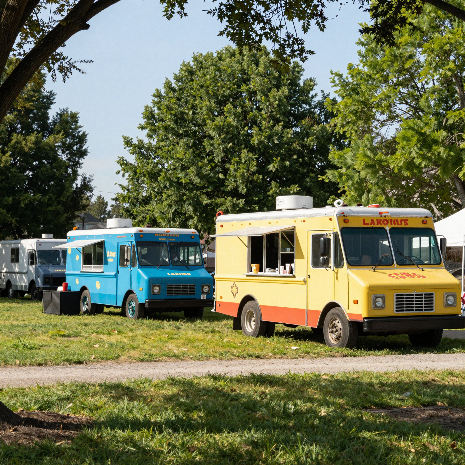 Food trucks parked in a picturesque Lakewood setting