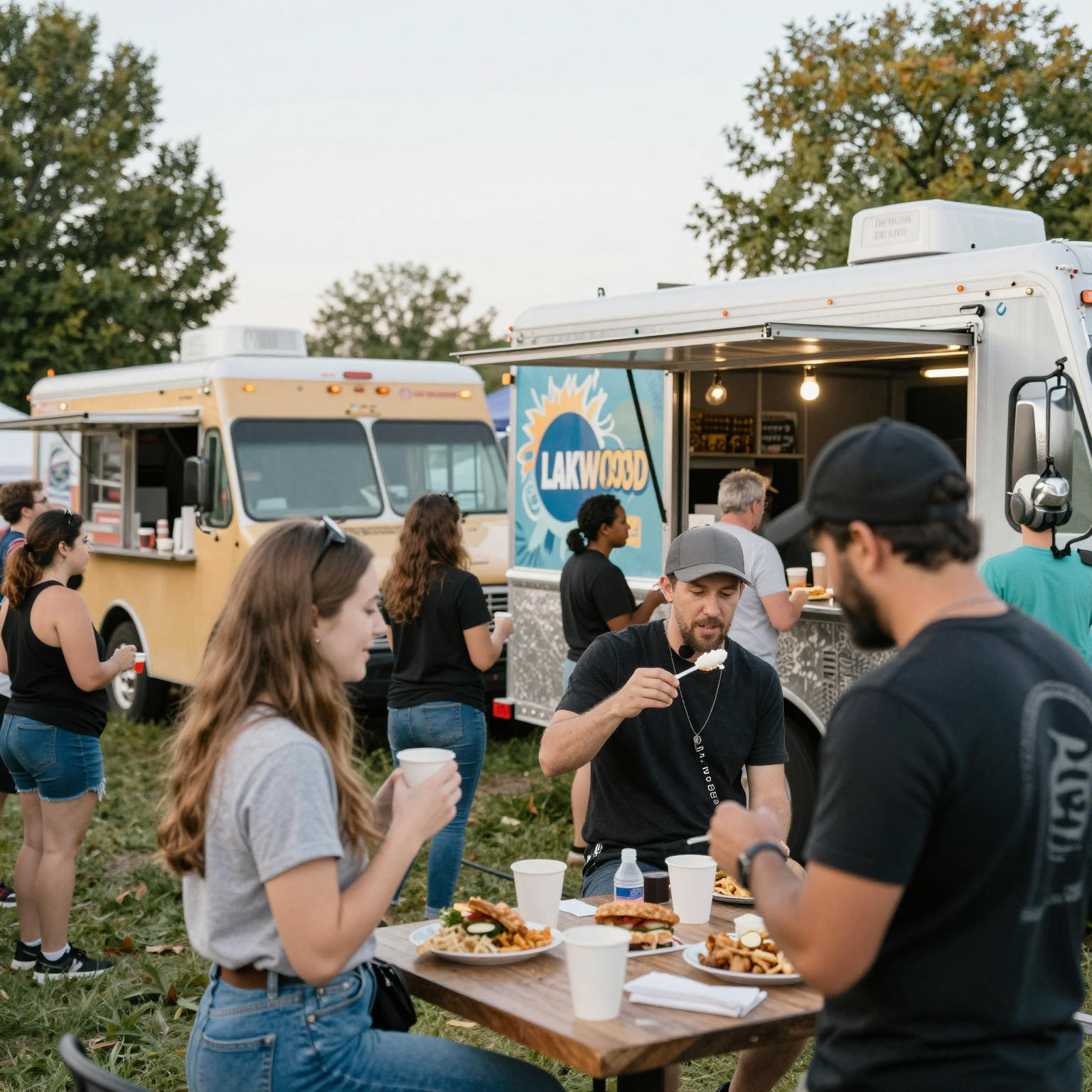 A vibrant scene of Lakewood showcasing food trucks and community interaction