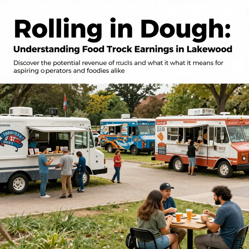 A vibrant food truck event in Lakewood, showing families and friends enjoying meals outdoors.