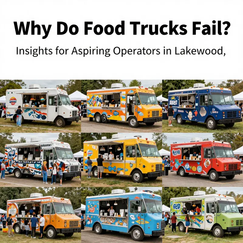 A lively food truck event in Lakewood featuring various food trucks and happy customers enjoying their meals.