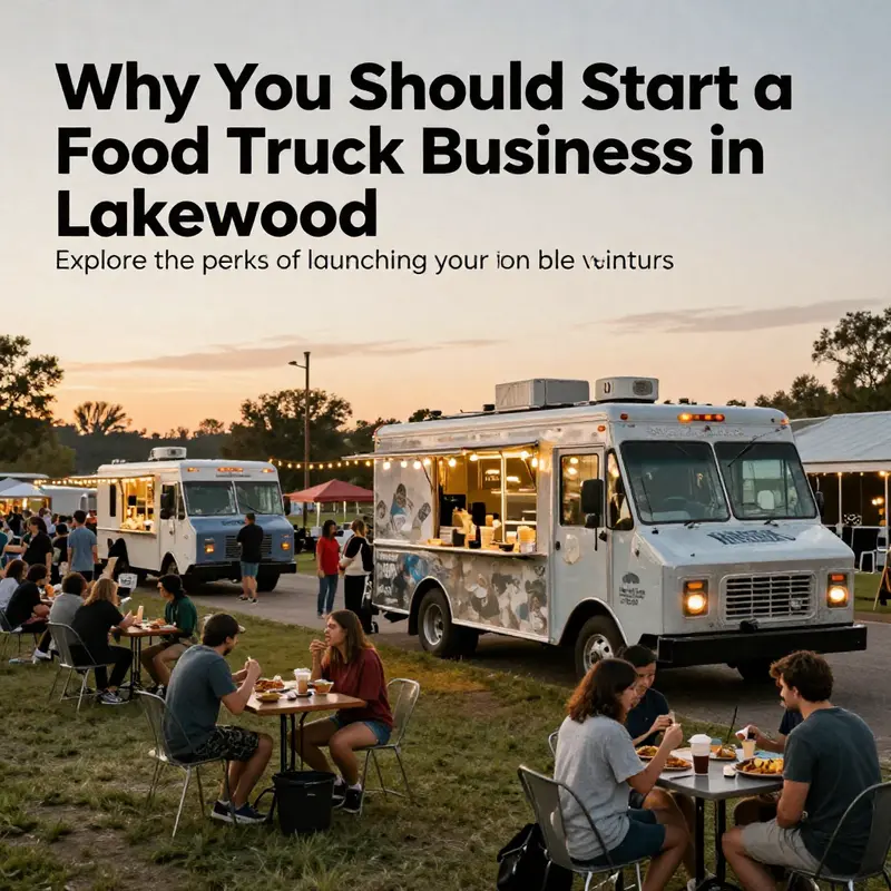A food truck gathering in Lakewood with various trucks serving diverse cuisines, families enjoying meals at picnic tables.