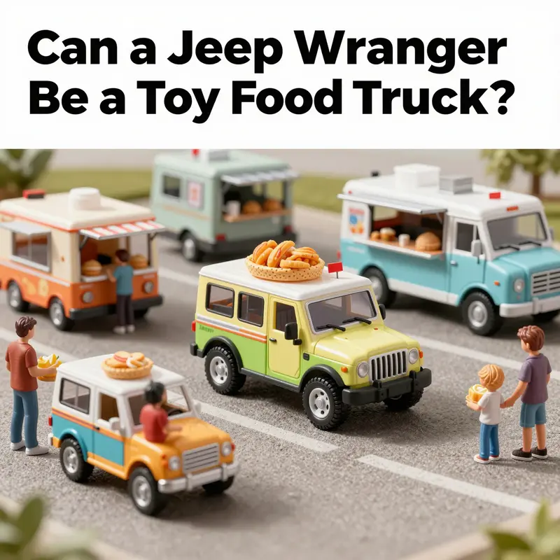 A lively food truck gathering in Lakewood, showcasing real food trucks and a whimsical toy Jeep food truck as part of the atmosphere.