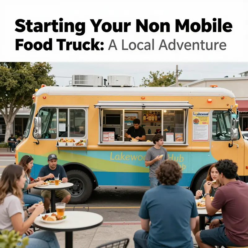 A non-mobile food truck in Lakewood with customers enjoying their meals outdoors in a vibrant setting.
