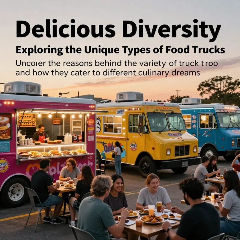 A lively food truck gathering at sunset in Lakewood, filled with happy customers and a variety of food trucks.