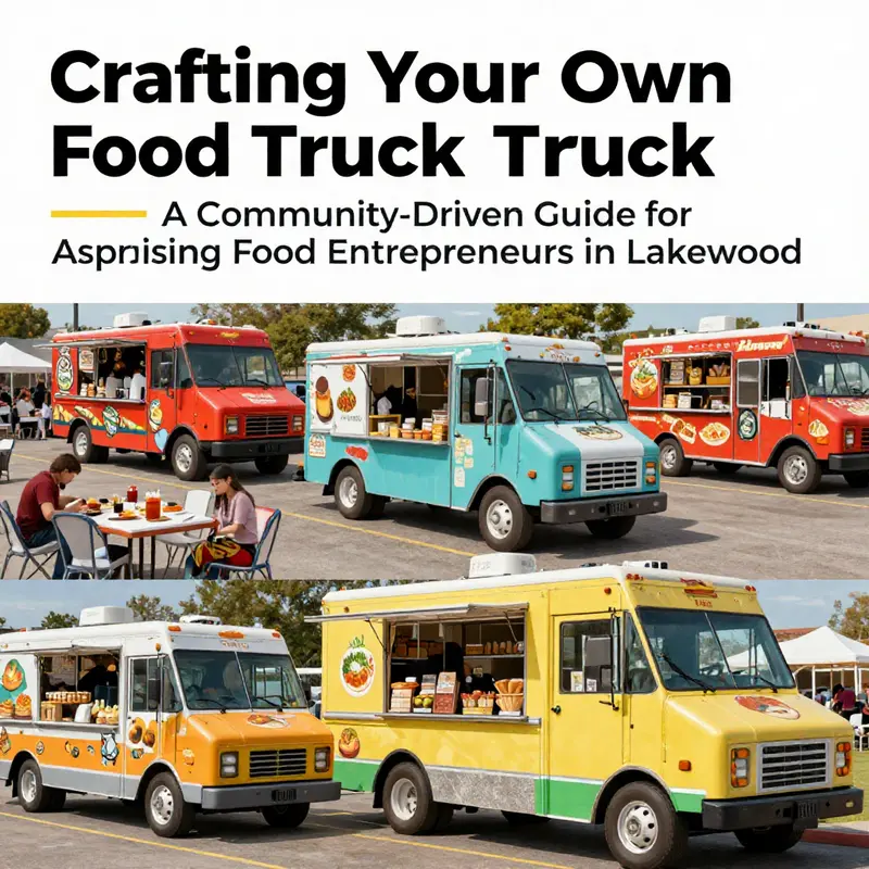 An array of food trucks parked in Lakewood, featuring different cuisines and vibrant colors.