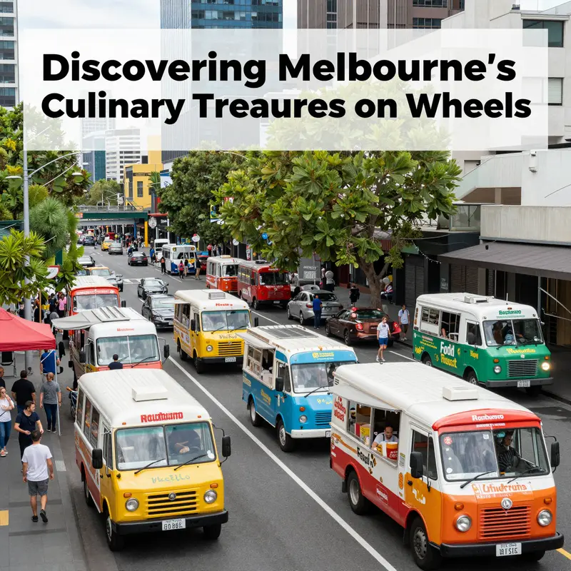 A lively Melbourne street filled with food trucks and crowds enjoying the street food experience.