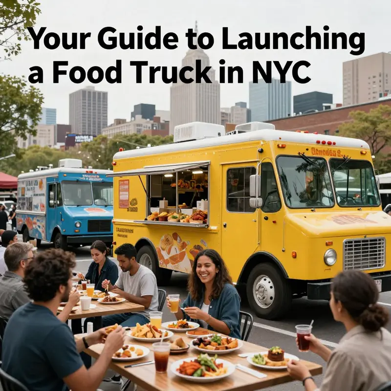 A bustling food truck gathering in New York City featuring diverse cuisines and smiling customers.