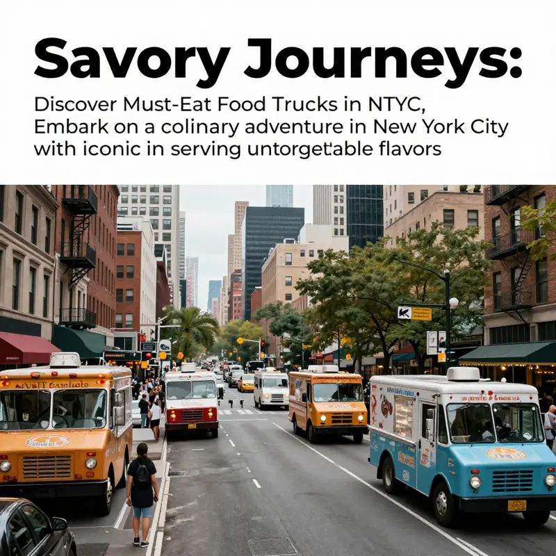 A panoramic view of NYC with food trucks on bustling streets and the skyline in the background.