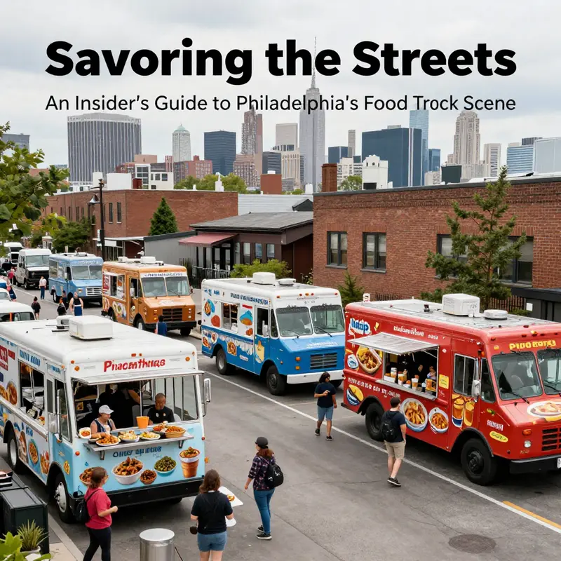 A lively scene of food trucks in Philadelphia, showcasing diverse cuisine options and a bustling urban environment.