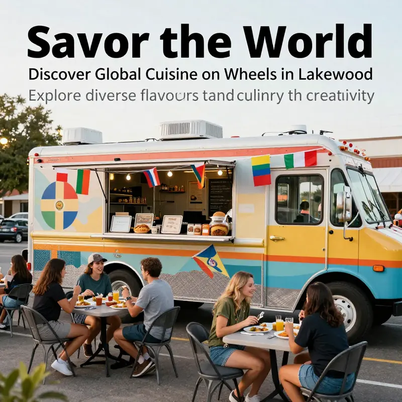 A vibrant food truck parked in a beautiful setting, showcasing global flavors and happy diners.