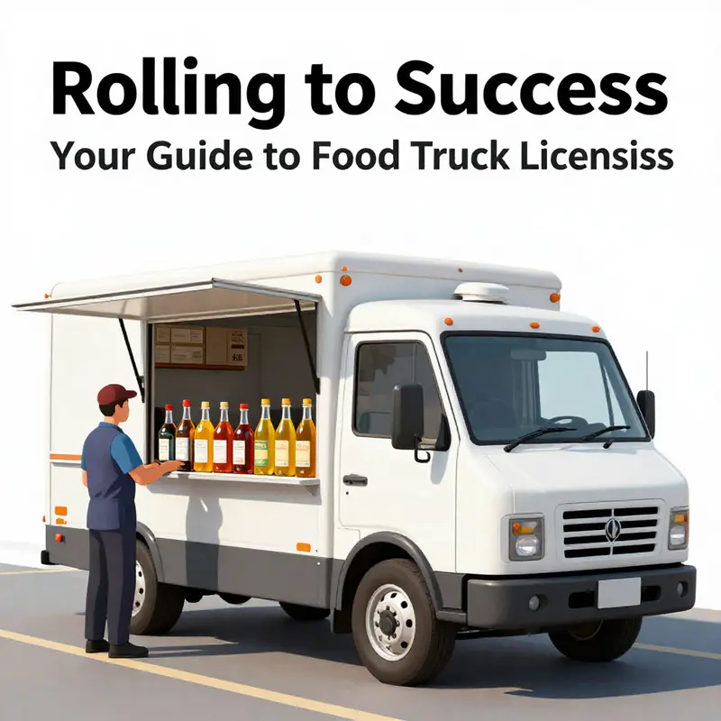 Food truck operators showcasing their business license while serving happy customers.