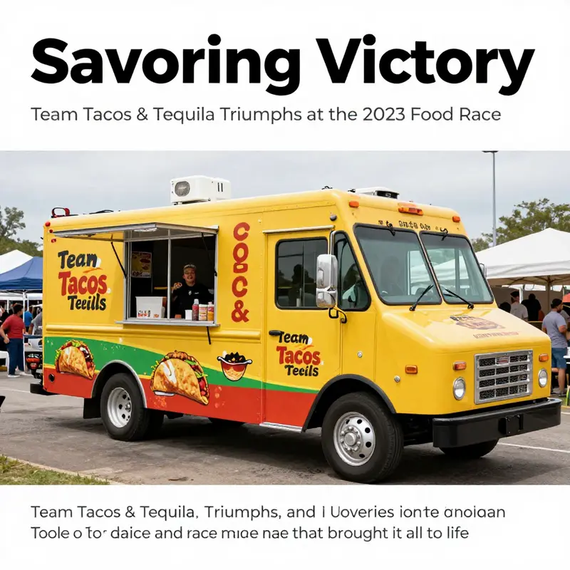The successful food truck Team Tacos & Tequila parked at a lively event, reflecting their victory spirit.