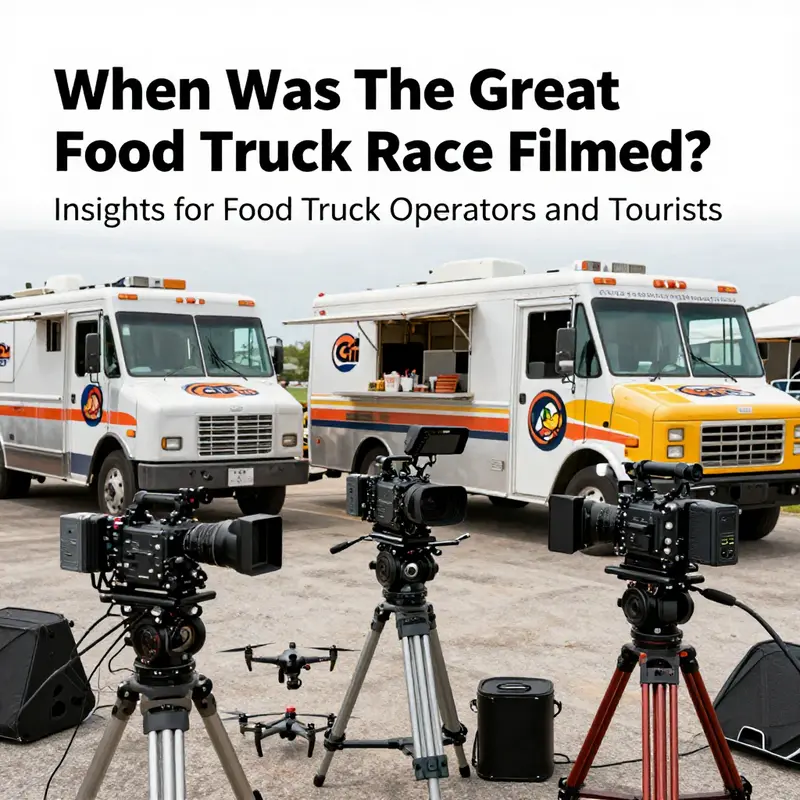 Behind the scenes of filming The Great Food Truck Race, showcasing vibrant food trucks and crew members.