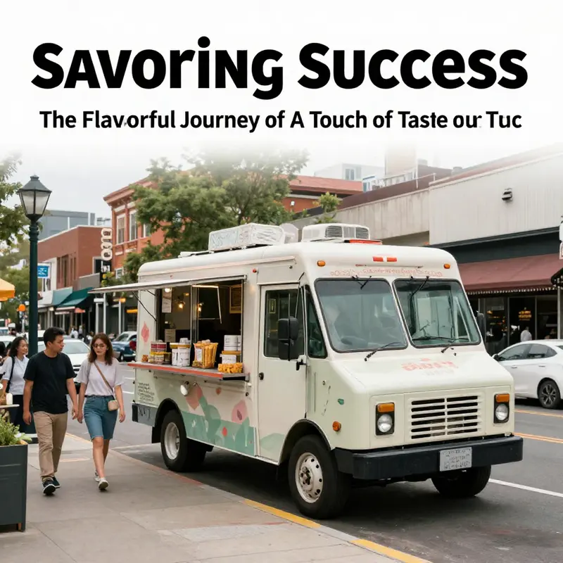 A bustling scene outside A Touch of Taste Food Truck with the owner serving happy customers.