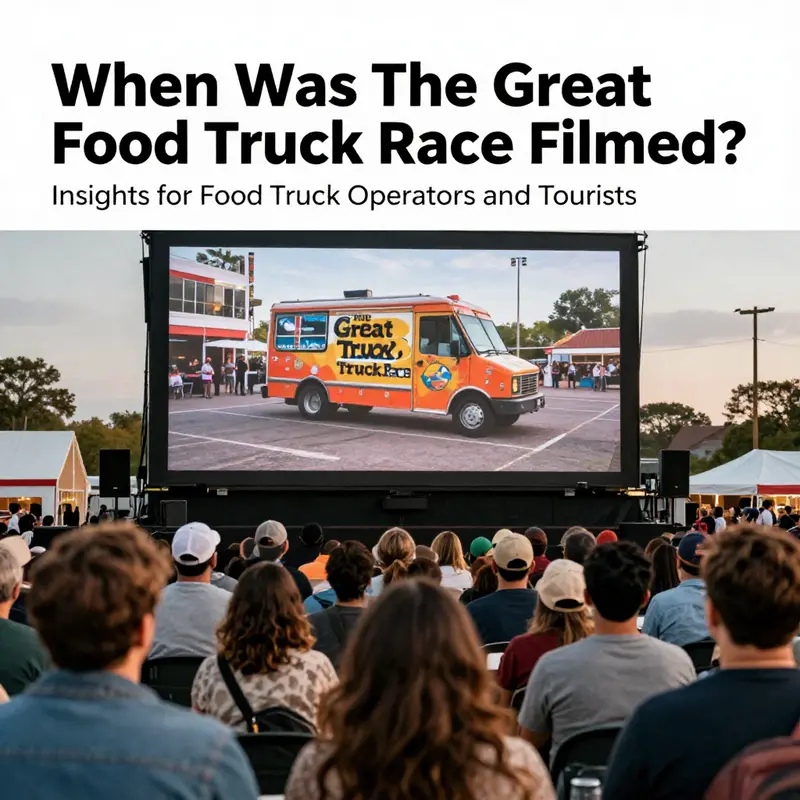 Behind the scenes of filming The Great Food Truck Race, showcasing vibrant food trucks and crew members.