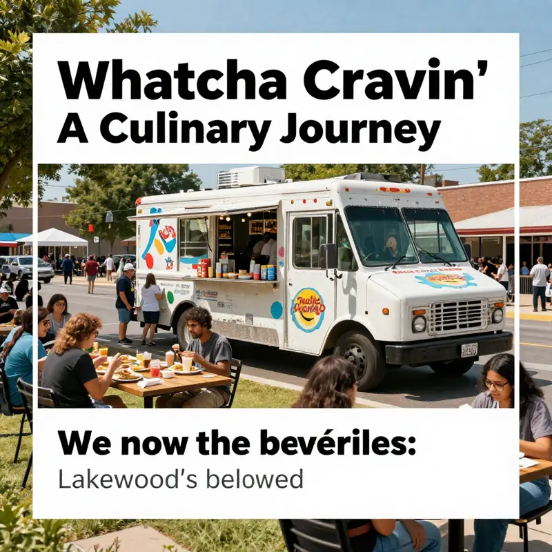 The vibrant Whatcha Cravin' food truck surrounded by happy customers enjoying delicious meals in a community setting.