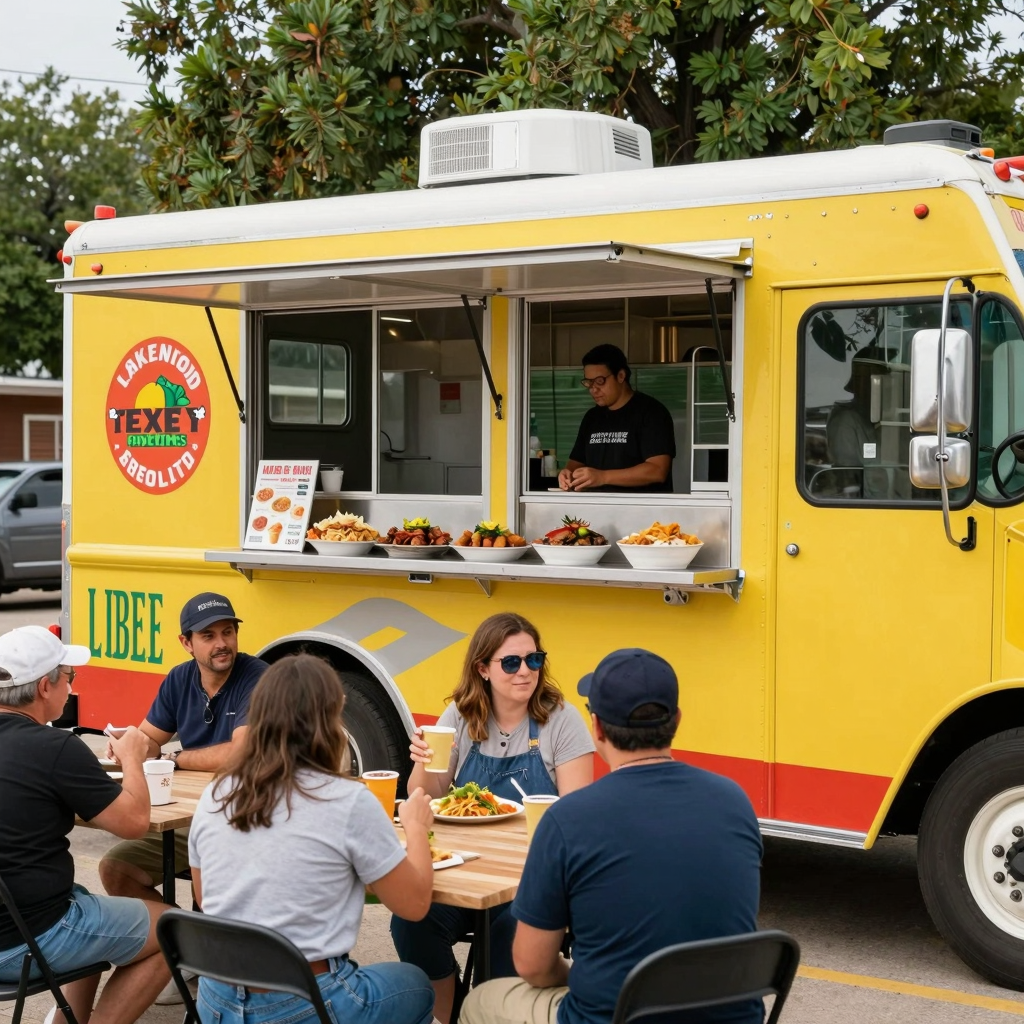 A vibrant food truck serving delicious food in Lakewood, Texas, showcasing a variety of cuisines with lively community vibe.