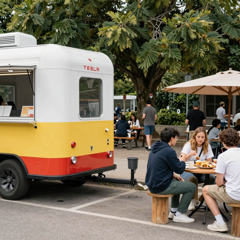 Tesla connected to a food truck trailer