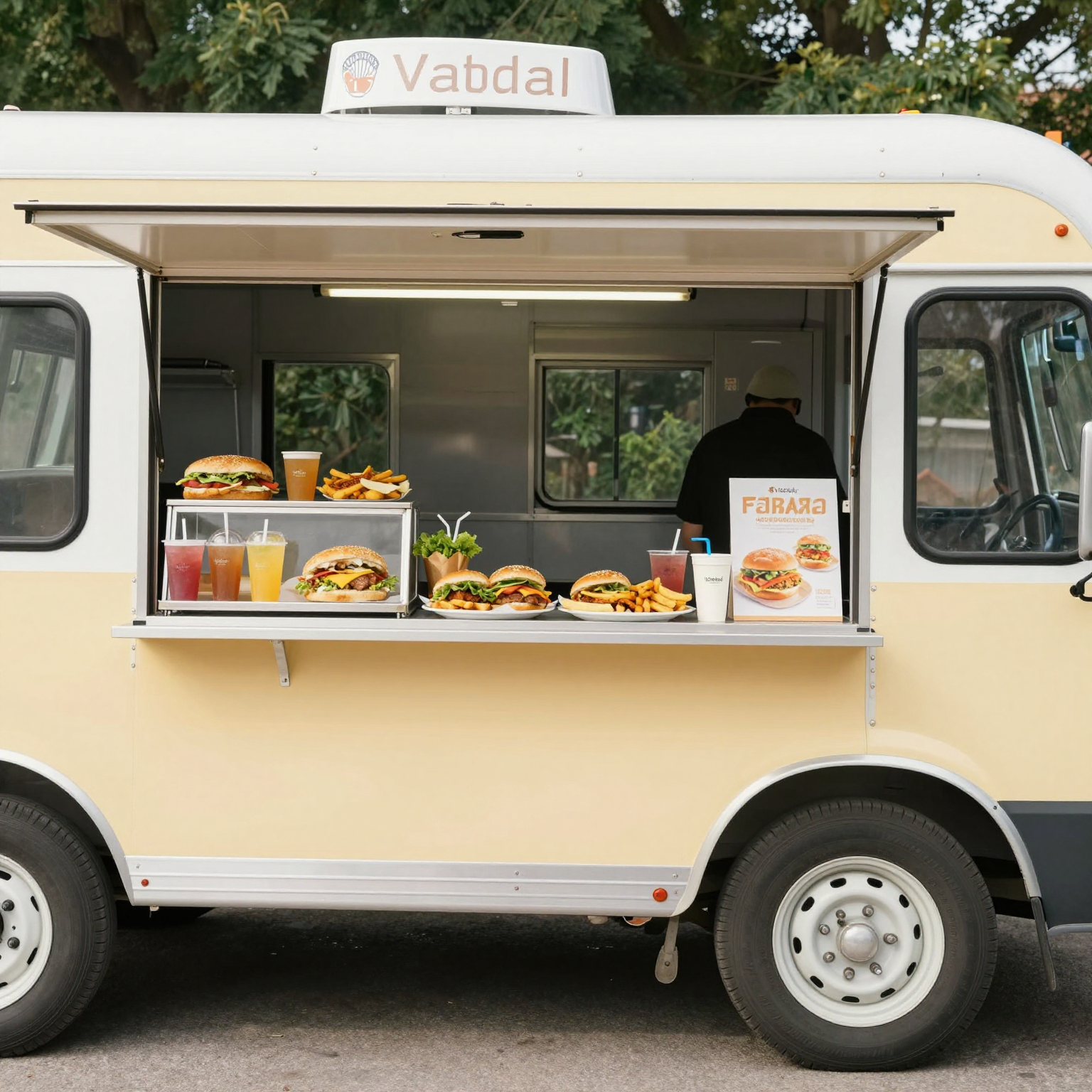 A vibrant food truck setup showcasing various food items and visible power sources, reflecting a friendly community vibe.