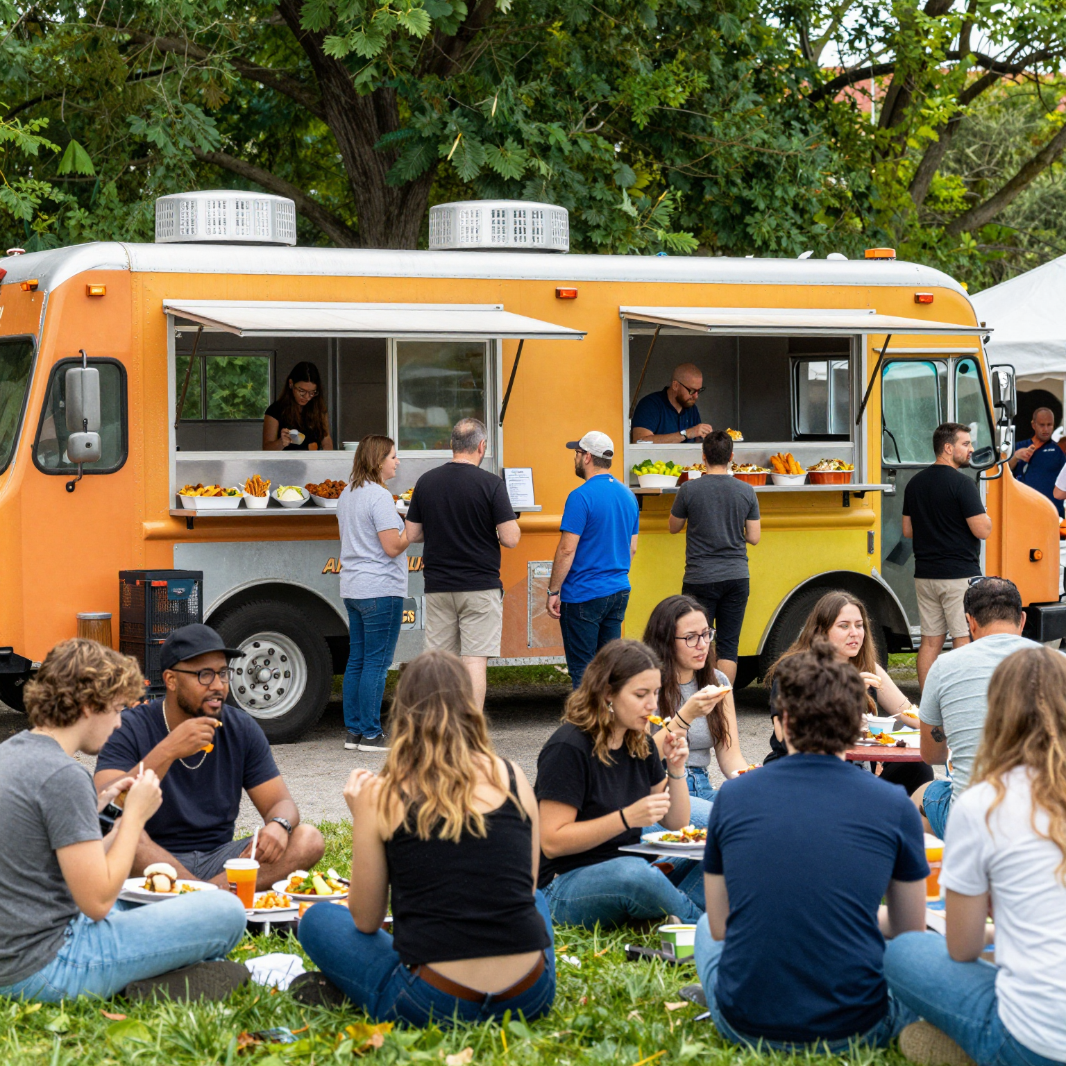 A bustling food truck scene in a park, with colorful food trucks and happy people enjoying meals.