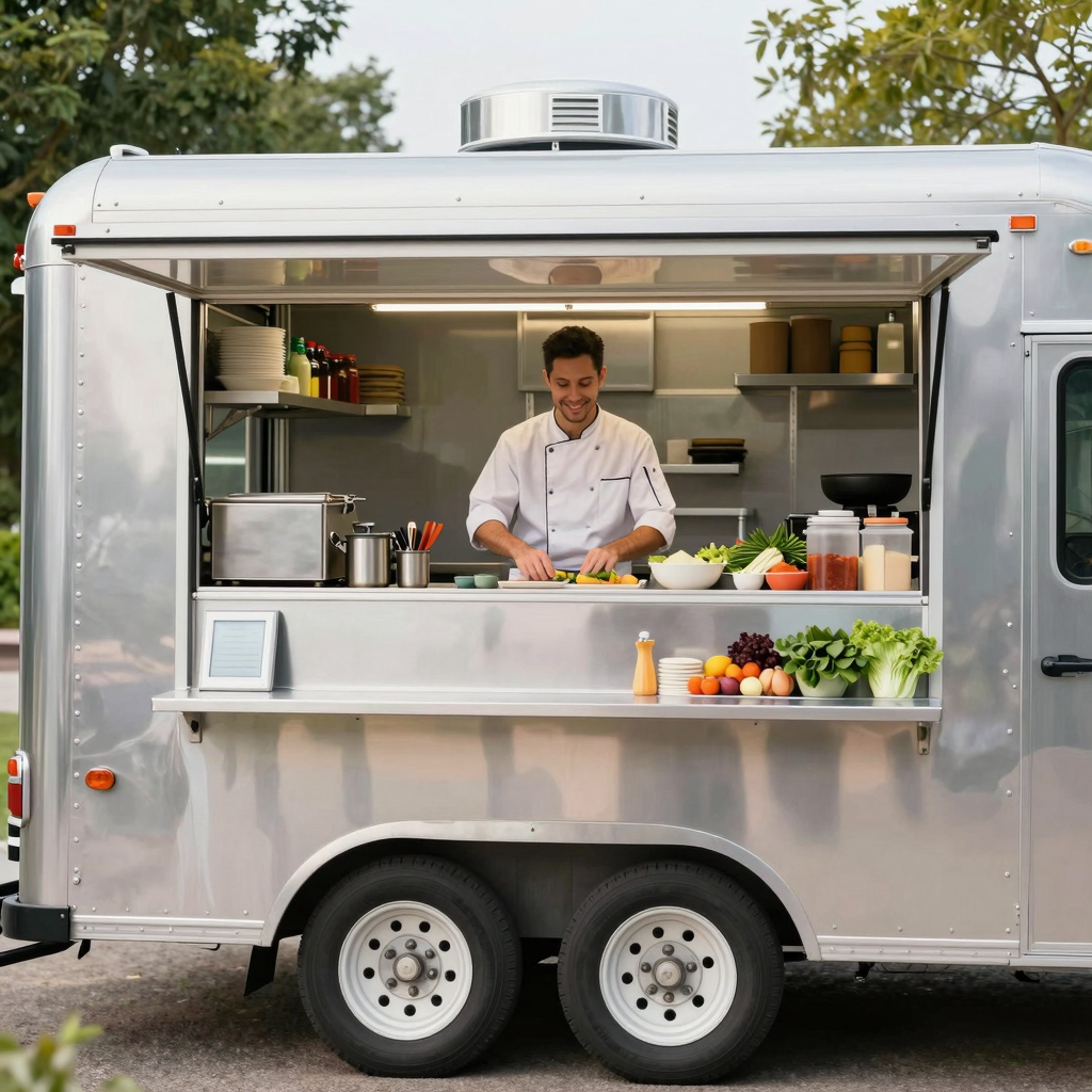 A clean and well-organized food truck preparing food, emphasizing hygiene and professionalism. The truck has a shiny exterior, and a friendly chef in a clean uniform, surrounded by fresh ingredients and cooking equipment.