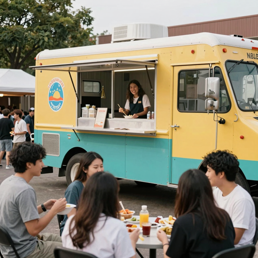 A vibrant food truck serving happy customers in a community setting