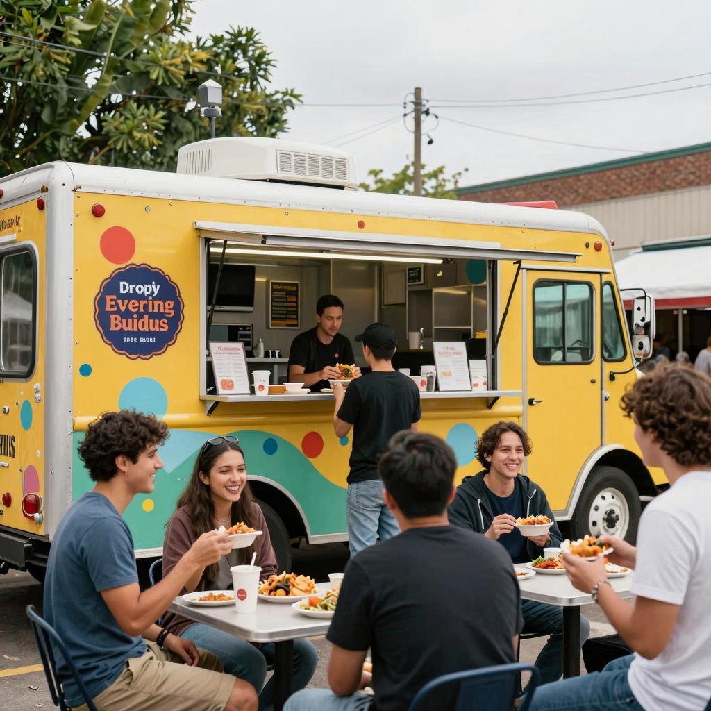 A vibrant food truck in a community setting with happy customers