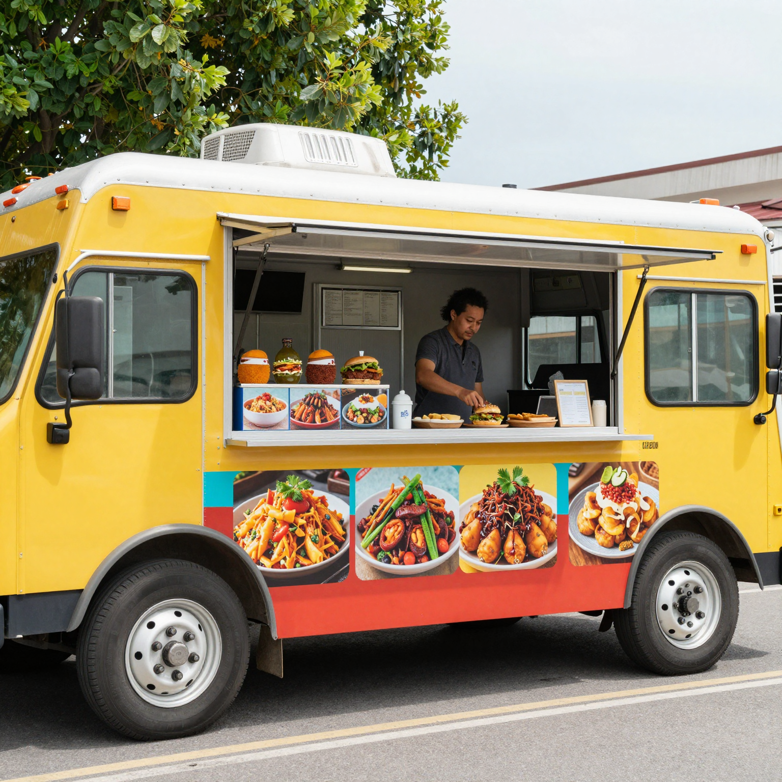 A vibrant and colorful food truck representing diverse cuisines.