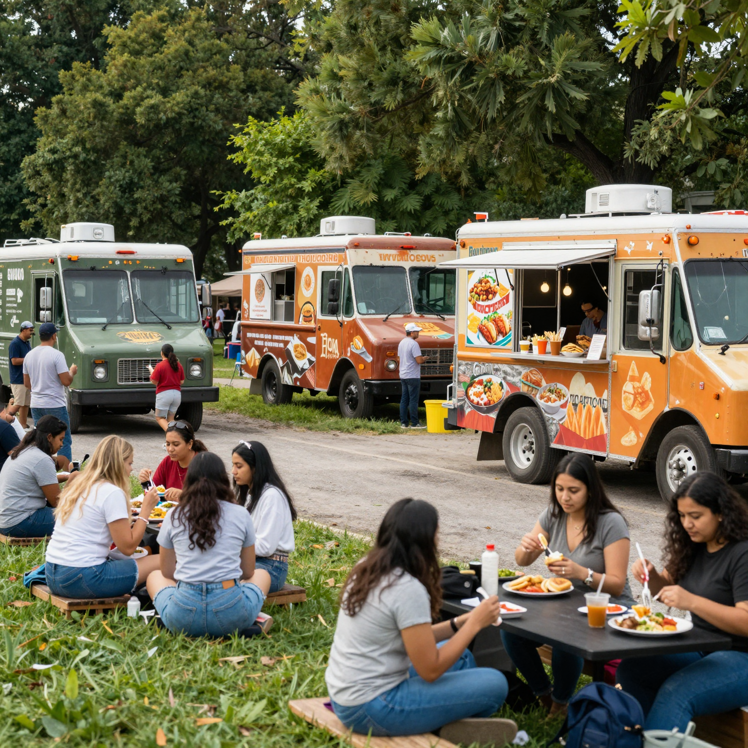 A lively food truck scene showcasing different types of cuisine in a park.