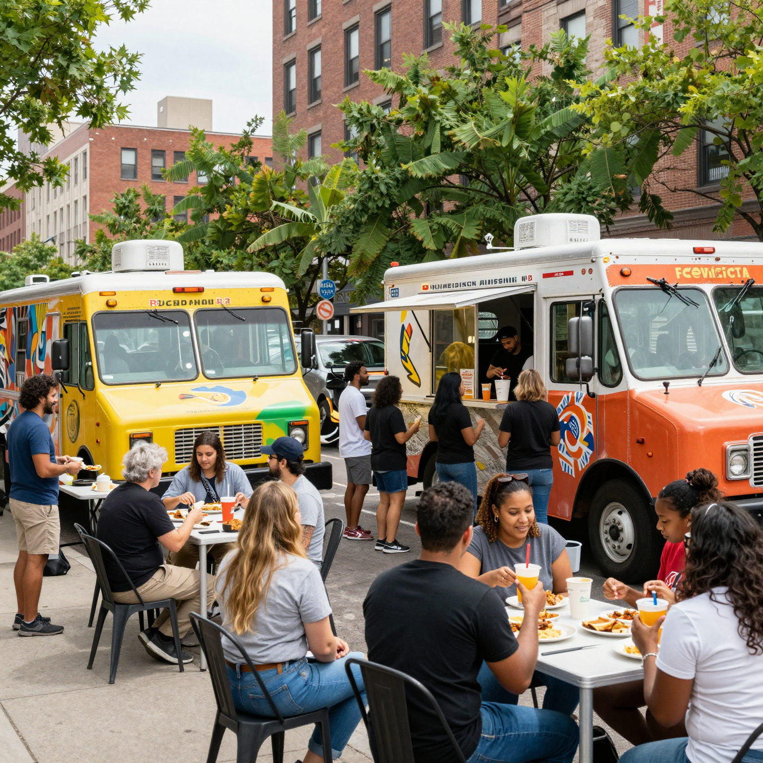 A busy food truck scene in an urban environment