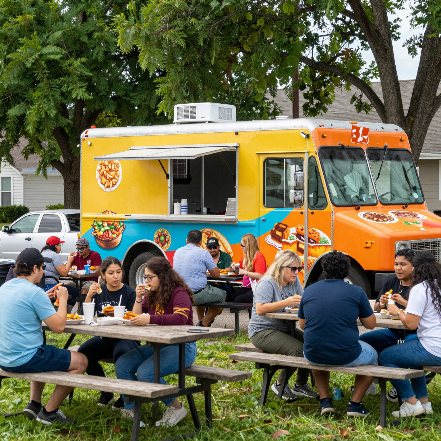A vibrant food truck scene in Lakewood, featuring people enjoying food, with a colorful food truck and community elements.