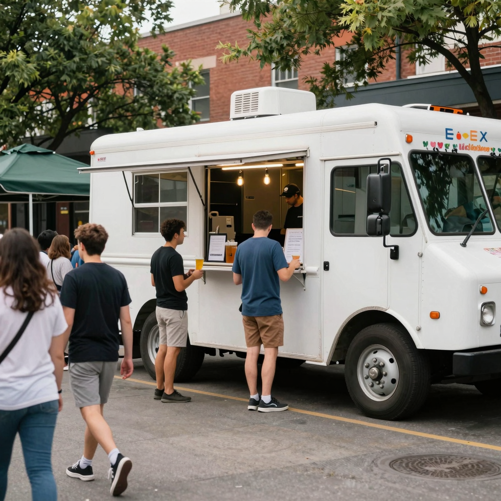 A friendly food truck in a busy area gathering community engagement