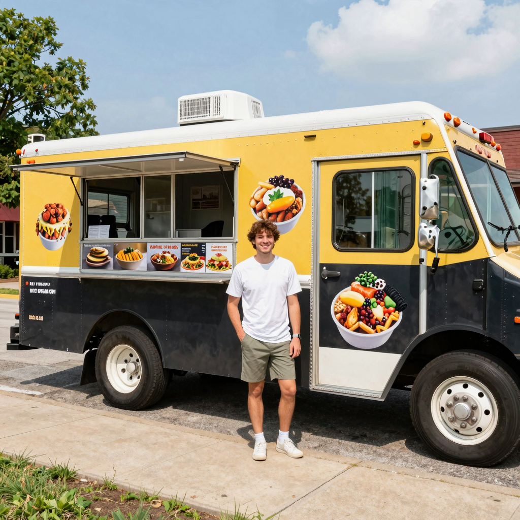 A friendly food truck on a vibrant street in Missouri, featuring diverse food offerings and a welcoming ambiance.