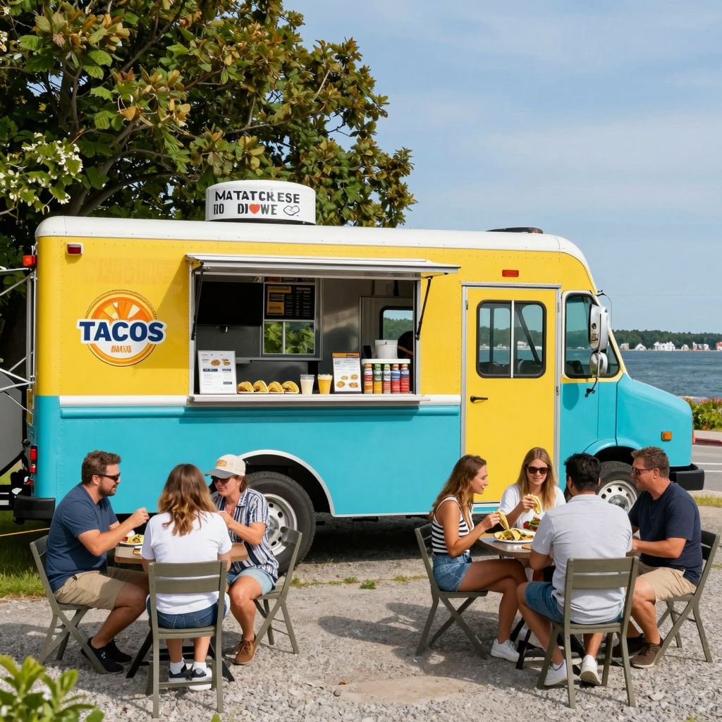 A colorful taco food truck parked in coastal Mattapoisett