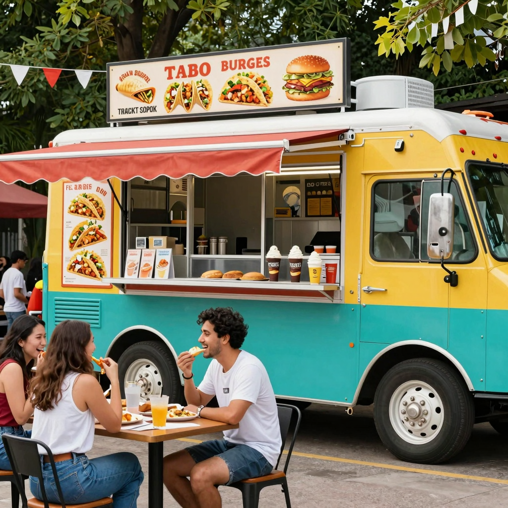 Colorful food truck set in a lively outdoor scene with happy customers.